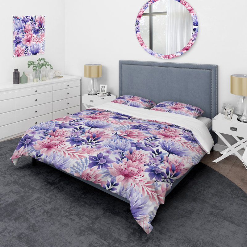 Ensemble de housse de couette à motif floral violet, Housse de couette pour grand lit et 2 taies décor