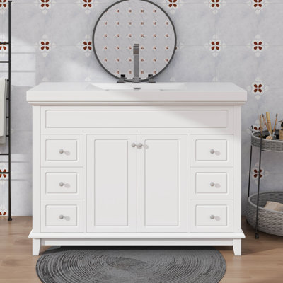Meuble-lavabo 48 po avec fonction de fermeture silencieuse, lavabo en résine, 6 tiroirs, portes doubles, tablettes à 2 niveaux
