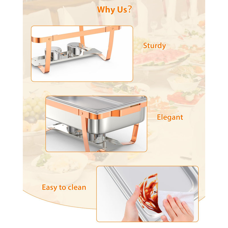 Chafing Dish Buffet Set, 8QT 4/6 Pack, Rectangle Chafing Dishes for Buffet w/Lid Holder, Stainless Steel Chafer Food Warmers Servers with Spoon and Tweezers for Kitchen Party Banquet Dining, Rose Gold