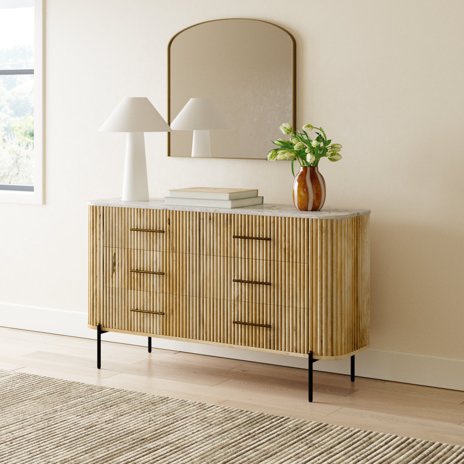 Carmela White Marble & Mango 6-Drawer Dresser