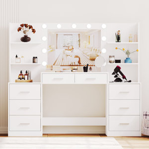 Latitude Run® Vanity Desk With Mirror And 3-mode Lights, Makeup Vanity With 8 Drawer For Women, Girls