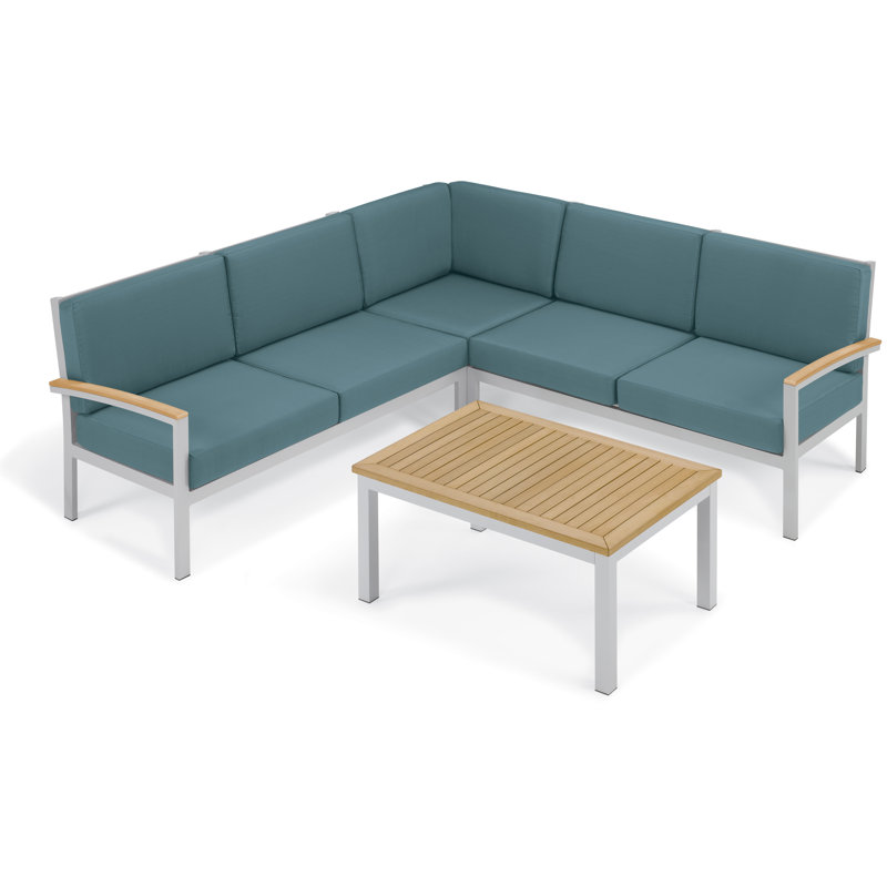 Travira 4 Piece Sectional Set with Cushions, Tekwood Natural, Ice Blue