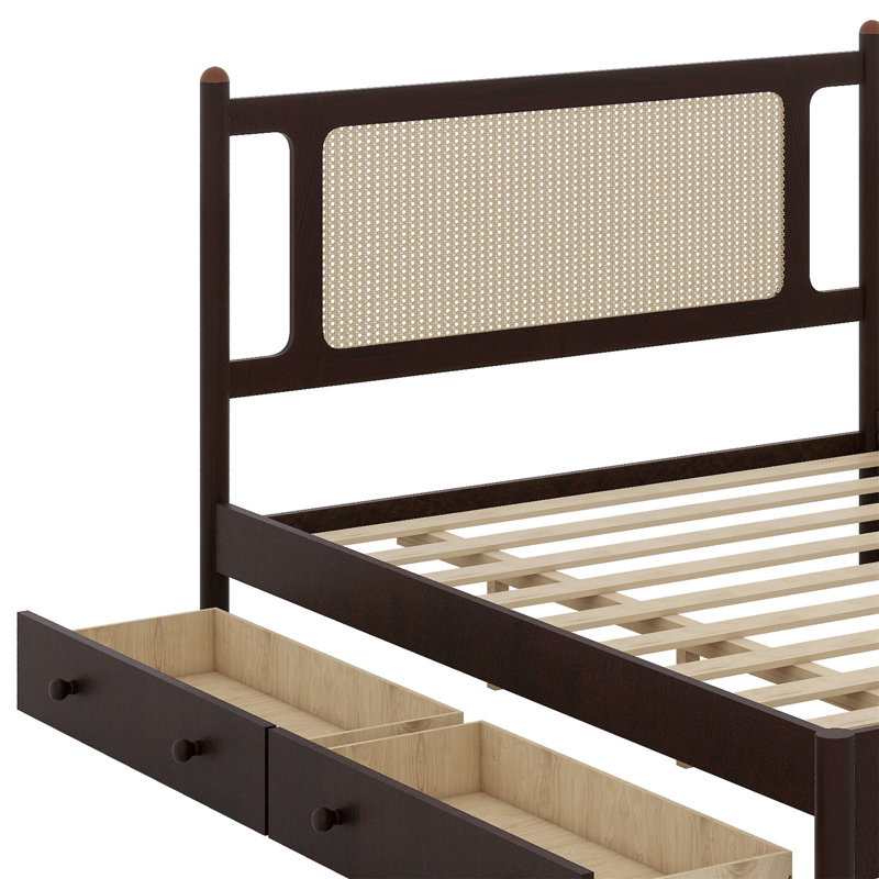 Lit plateforme en rotin de bois avec 2 grands tiroirs, lit gigogne, Brun foncé