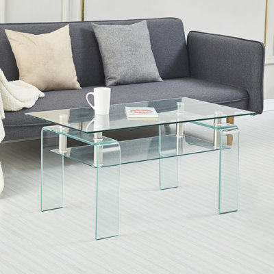 Table basse rectangulaire en verre transparent, table basse moderne en verre pour le salon, table basse à 2 niveaux avec rangement, table basse en verre trempé