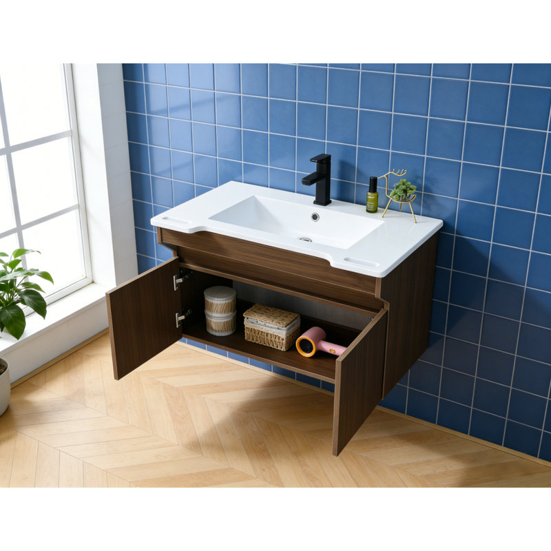 Meuble-lavabo mural simple 32 po avec surface solide et lumière DEL à détecteur de mouvement, Noyer