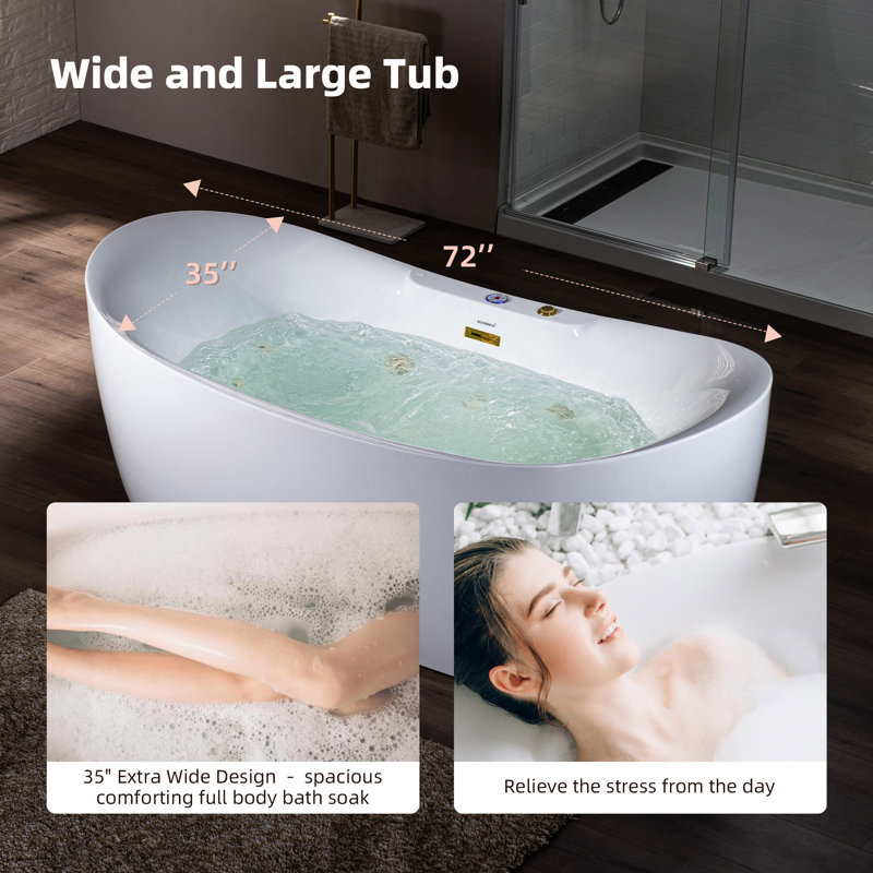 72'' x 35'' Freestanding Acrylic Bathtub, Brushed Gold