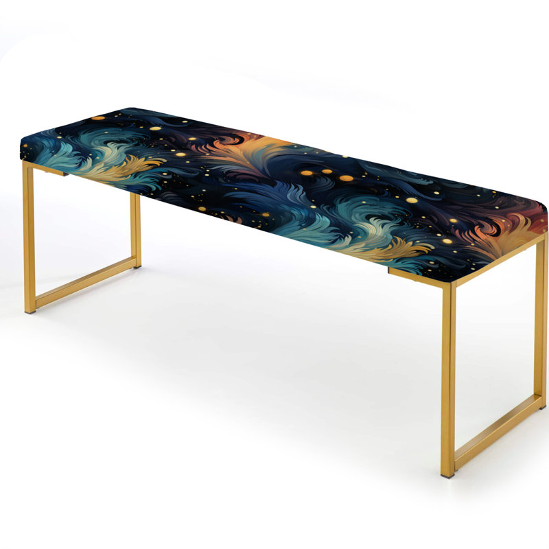 Teal And Orange Cosmic Ikat Whirls - Abstract Upholstered Gold Bench