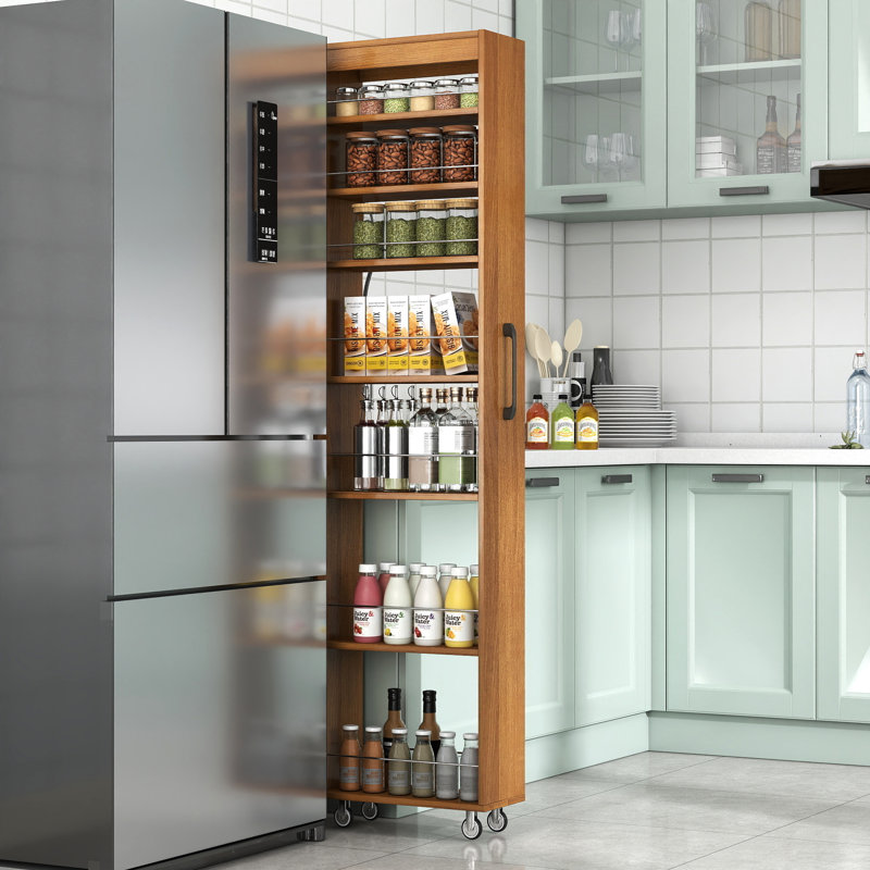 Étagère de rangement coulissante à 7 niveaux en chêne à 7 niveaux, organisateur ouvert à une face, étagère mobile avec roulettes et poignée, polyvalente pour les coins-repas de cuisine, organisateur de rangement pour la maison