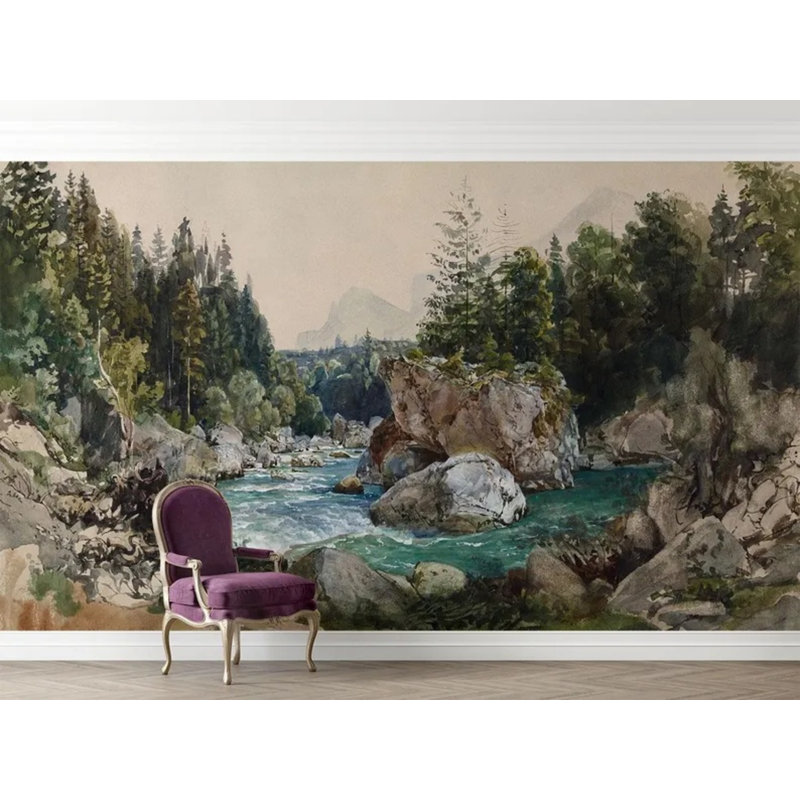 Papier peint mural rétro style forêt, L 96 po x l 108 po