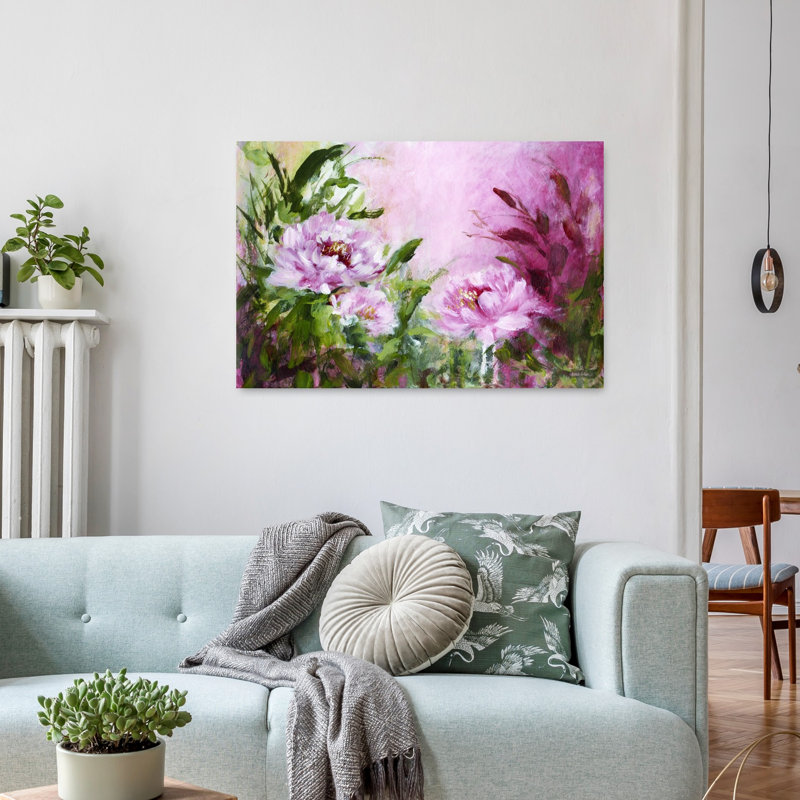 Blushing Peonies Abstract Contemporary Wall Art Print 1 Piece Wrapped Canvas Wall Art, 60.96cm H x 91.44cm W