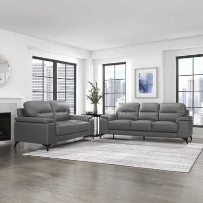 Dontario Modern & Contemporary Top Grain Leather 2-Piece Living Room Set with High-Density Foam, Exposed Metal Feet & Premium Seating Surfaces