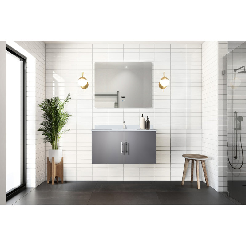 Meuble-lavabo de salle de bain gris foncé avec surface en quartz et Miroir - Espace de rangement intérieur spacieux