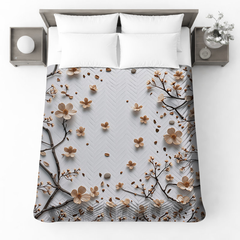 Cherry Blossom Branches Quilted Bedspread , Full / Double