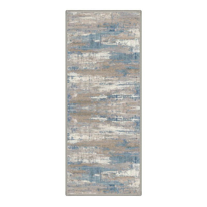 Modern Abstract Machine Washable Blue/Beige/Brown Indoor Area Rug with Non-Slip Backing, Runner 2' x 6'