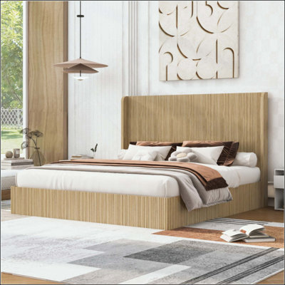 Base de lit en bois cannelé de style Mid-Century, tête de lit haute à oreilles, lit plateforme à profil bas, aucun sommier tapissier requis, assemblage facile pour la chambre à coucher et la chambre d'amis
