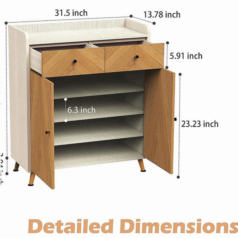 Range-chaussures à 4 niveaux avec 2 tiroirs, armoire à chaussures en bois avec 2 portes et tablettes réglables, Chêne