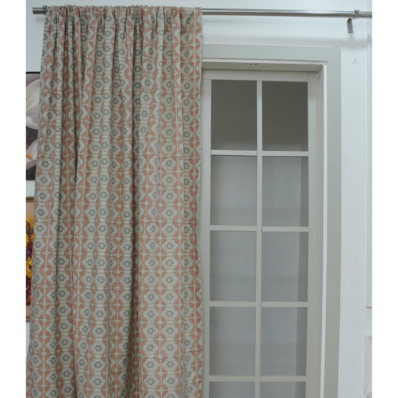 Bohemian Handcrafted Linen Curtains – Peach & Grey Block Print Floral Jhroka Window Drapes, 100" W X 144" L