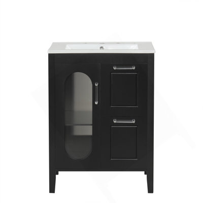 24" Bathroom Vanity With Sink, Bathroom Vanity Cabinet With Two Drawers And Door, Adjustable Shelf,  Wood And MDF, Black(Old SKU:N725P245273B)