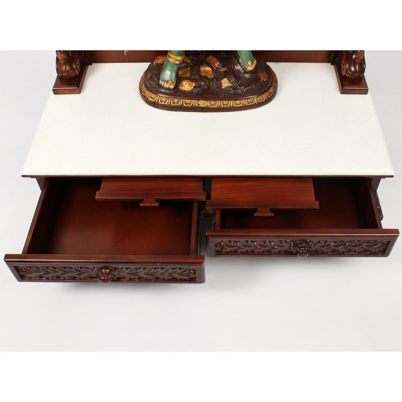 Large Wooden Designer Puja Mandir, 52-Inch Home Temple with Marble Platform & Double Drawers