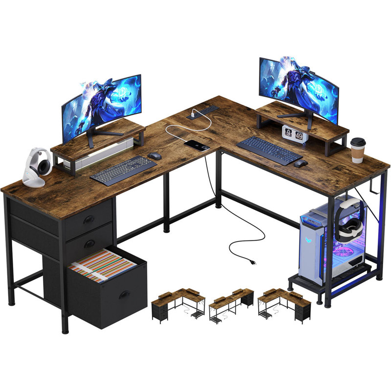 Morihisa L Shaped Desk, 94.5" Reversible Computer Gaming Desk With 3 Drawers, Corner Desk With 2 Monitor Stand, Home Office Desk Workstation
