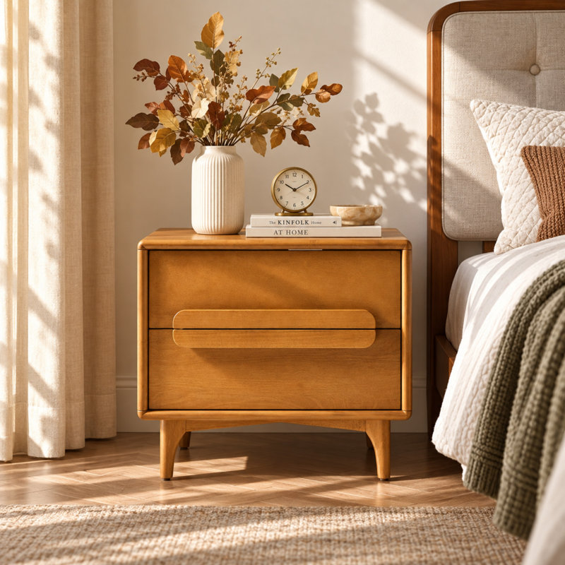 Table de chevet Marlow de style moderne du milieu du siècle, 70 cm de large, à 2 tiroirs et borne de recharge, Gland