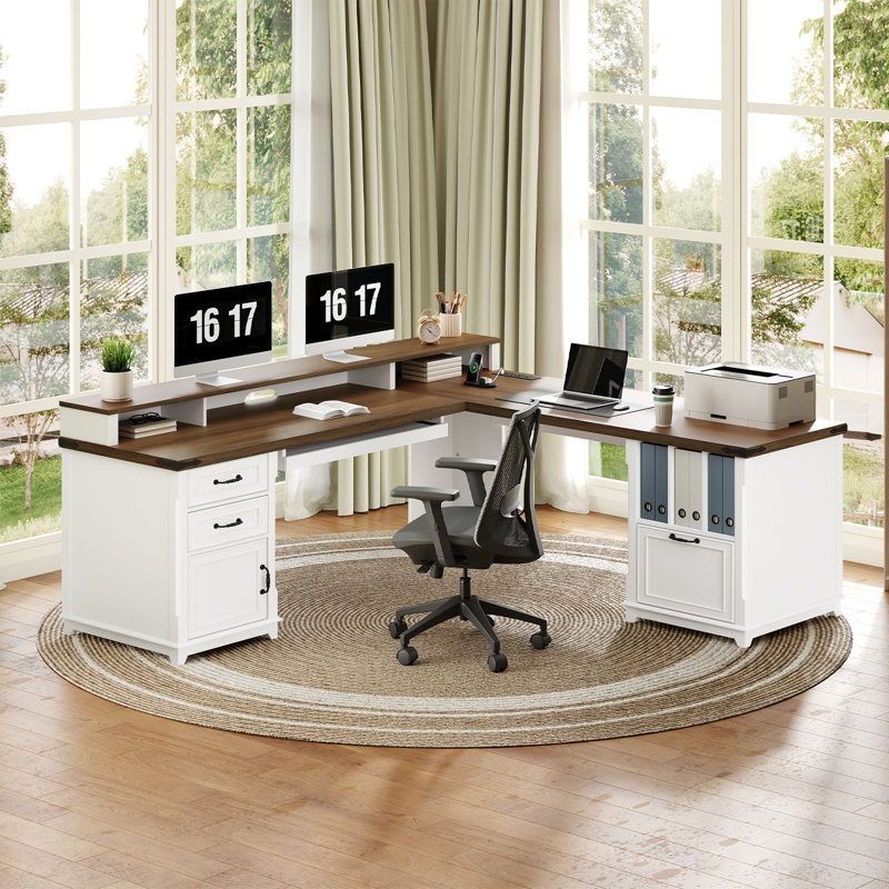 Bureau en L 69 po avec tiroirs et armoire de rangement Farmhouse, Noyer