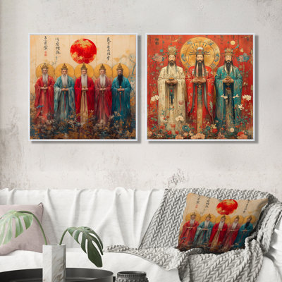 Dieux traditionnels chinois dans les tons rouges et bleus I - Art mural traditionnel chinois - Art mural traditionnel pour le salon 2 pièces