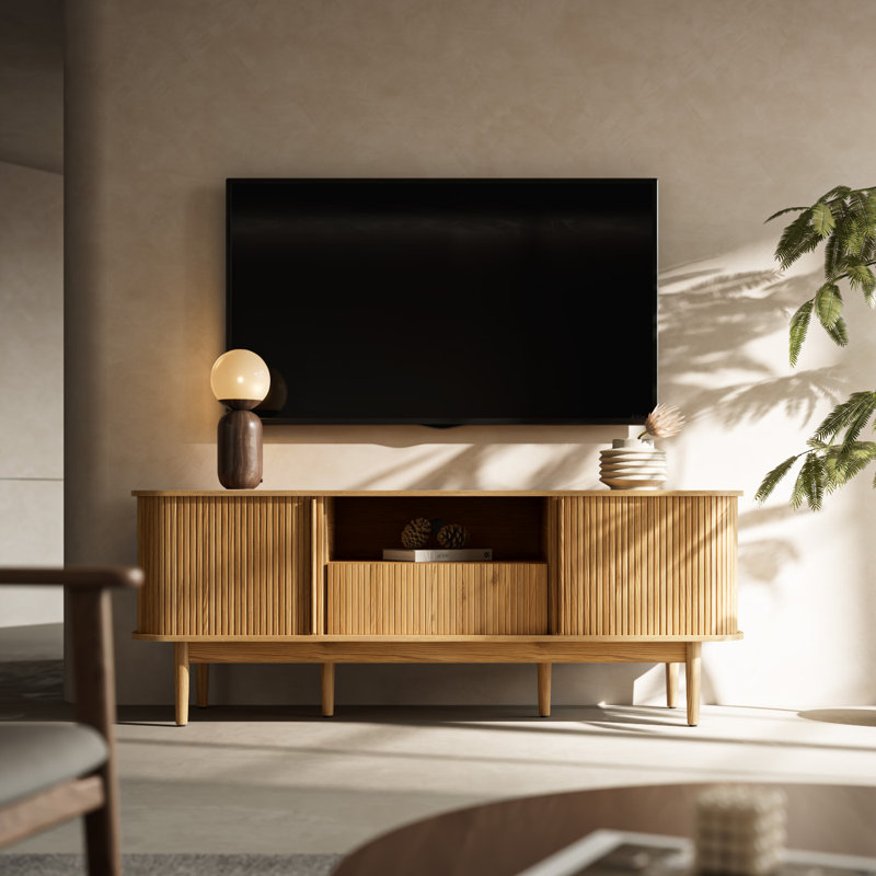 Tambour TV Stand For TVs Up To 70 Inch, TV Console With Sliding Doors, Natural Wood