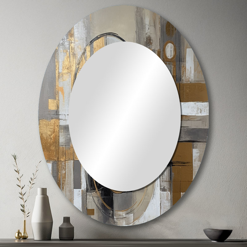 Gold And Grey Radical Simplicity I - Gold Mid-Century Oval Wall Mirror, 43" x 33"