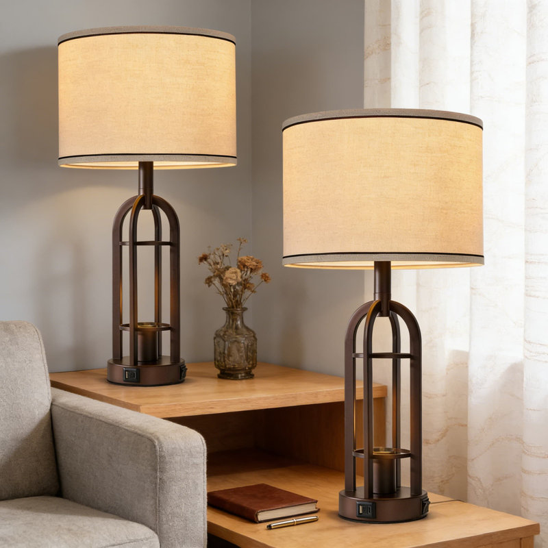 Ensemble de 2 lampes de table de ferme avec ports de charge USB et veilleuse, lampes de chevet industrielles rustiques pour le salon et la chambre à coucher, comprend des ampoules à DEL