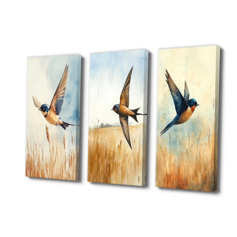 Bird Swallow Over The Fields I - Collection de décorations murales oiseaux, H 28 po x l 36 po, Toile tendue