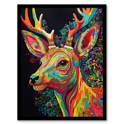 Brehana Reindeer Rainbow Abstract Floral Pattern Stag Head Vibrant - Single Picture Frame Print