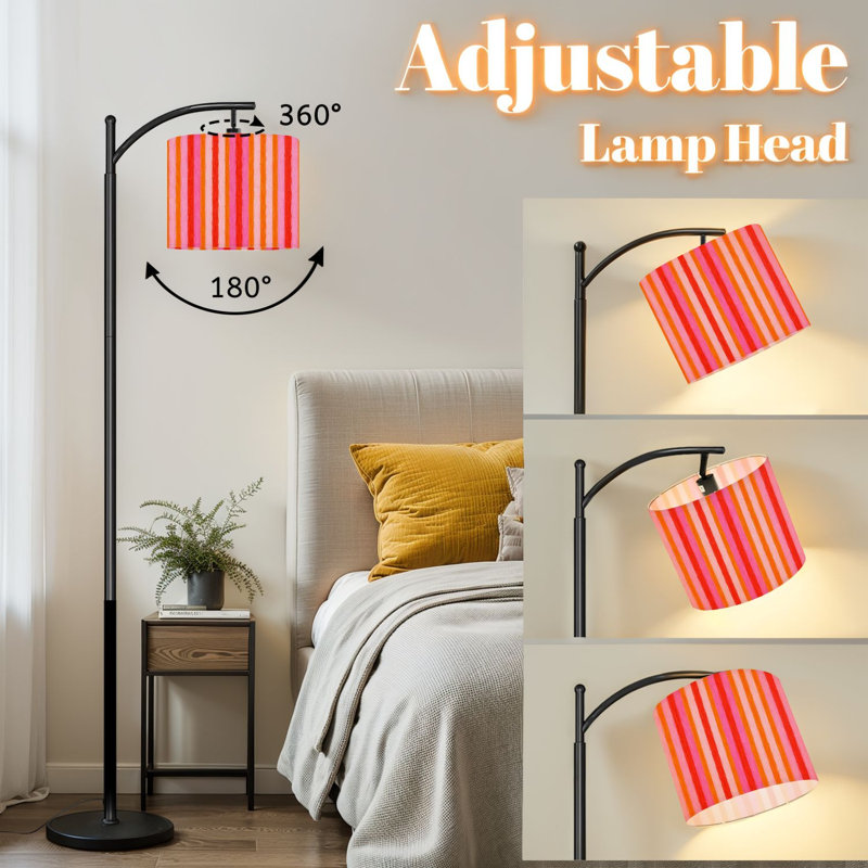 Lampe sur pied à arc avec abat-jour réglable rayé rose jaune sans soudure rétro orange lampe sur pied 3 températures de couleur à haut gradateur avec interrupteur au pied pour la chambre à coucher