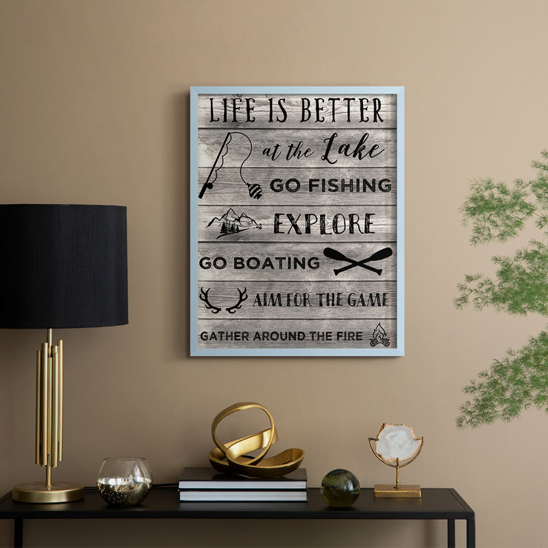 Affiche encadrée « La vie est plus belle au bord du lac » - Bois massif, Blue, 21" H x 17" W