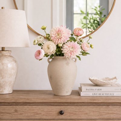 Rustic Ceramic Table Vase with Textured Finish for Fresh Flowers, Vintage-Inspired Farmhouse Decor for Living Room, Dining Table, Mantel and Entryway