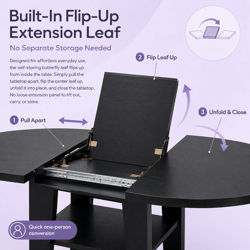 Table de salle à manger extensible UNAROZ, ronde à ovale, avec rallonge rabattable et piètement en forme de H, Noir
