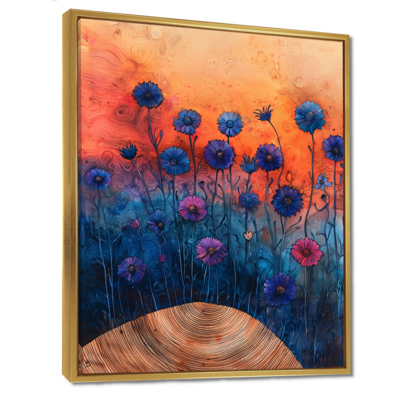 Cornflowers Garden At The Barn On Slide I - Cornflowers, art mural, H 32 po x l 16 po, Impression encadrée flottante, Doré