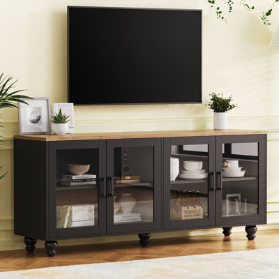 Meuble télé Farmhouse avec portes en verre trempé pour téléviseur de 70 po ou moins, buffet polyvalent avec tablettes réglables, armoire élégante avec 5 pieds en bois massif en forme de gourde pour le salon, noir