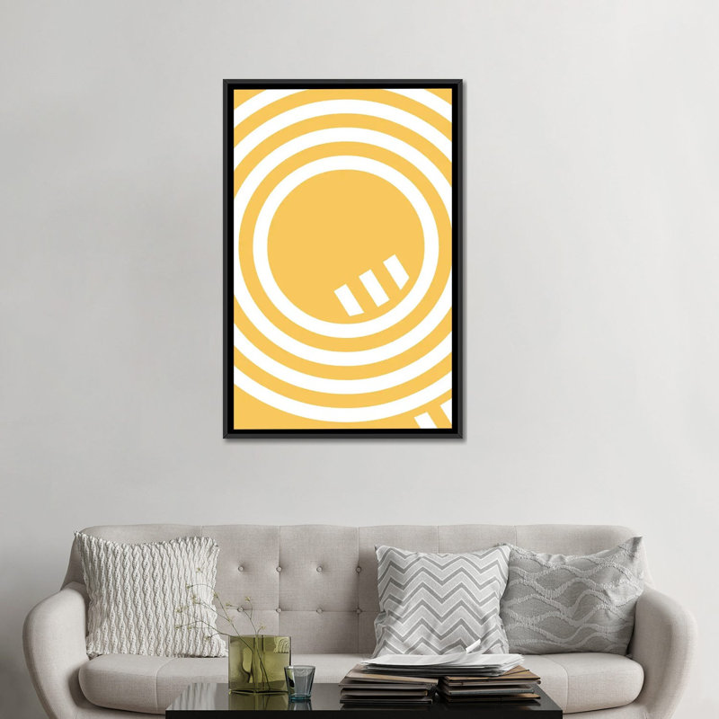 Impression d’art graphique jaune à lignes multiples abstraites, Toile avec cadre noir, Pas de tapis