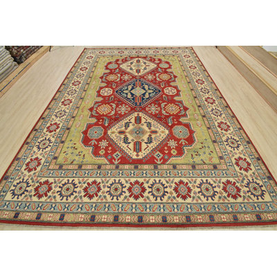 Tapis décoratif en laine de conception unique rouge de 9 pi 10 po x 13 pi 2 po Kazak noué à la main