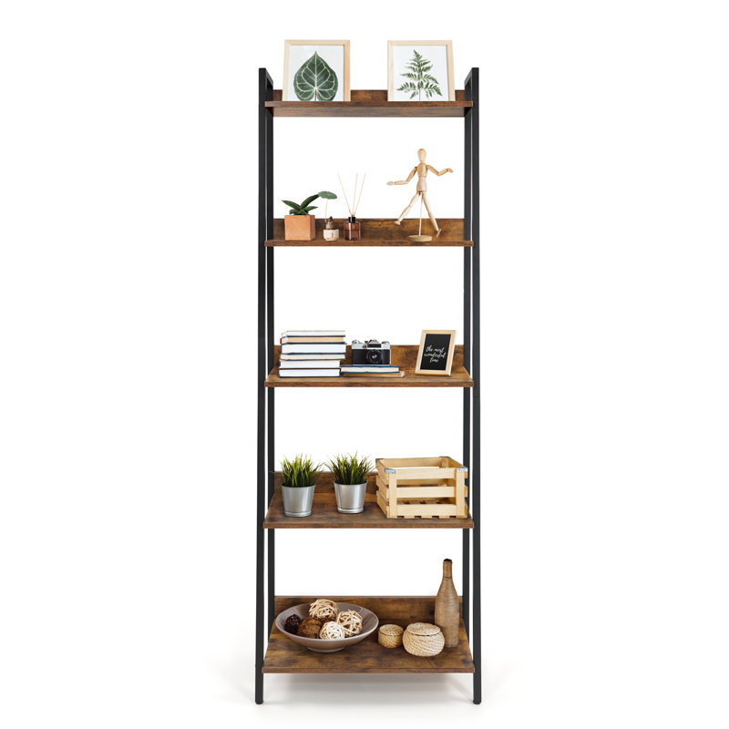 Rustic Oak and Matte Black 5-Tier Ladder Bookshelf