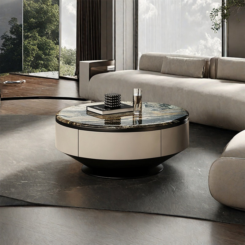 Round microcrystalline stone coffee table, 13.8" H x 35.4" L x 35.4" W