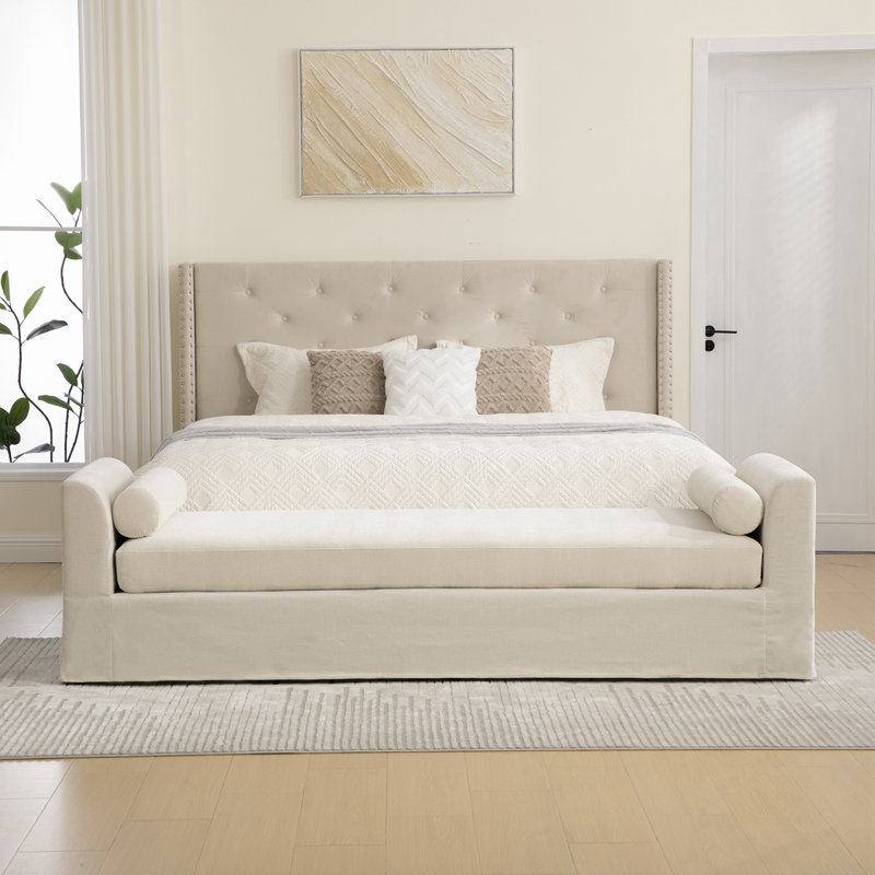 Banc rembourré en chenille avec 2 coussins, Beige