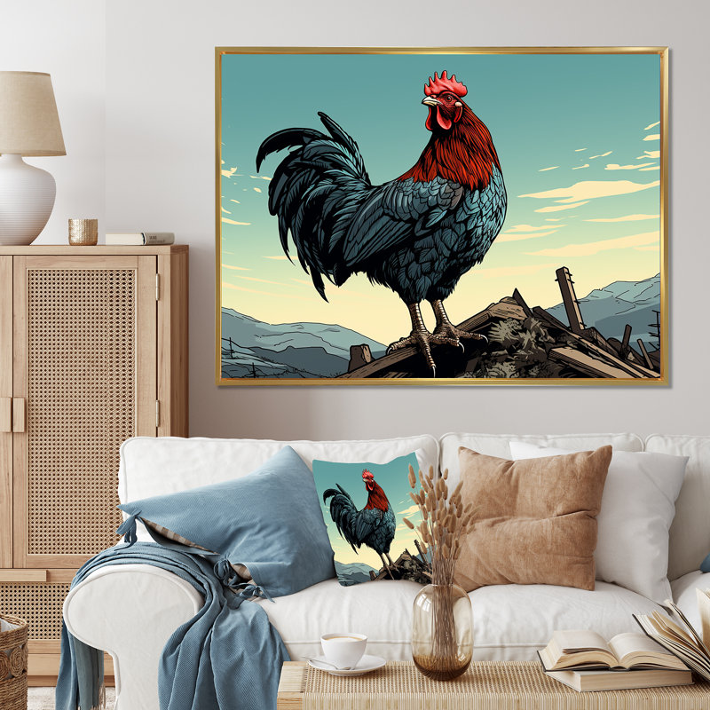 Coq à la ferme, lever de soleil, Cadre flottant doré, H 12 po x l 20 po x P 1 po