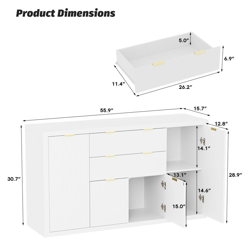 56” W Sideboard Buffet with 2 Drawers, Storage Cabinets, Buffet Table with Adjustable Shelves, White