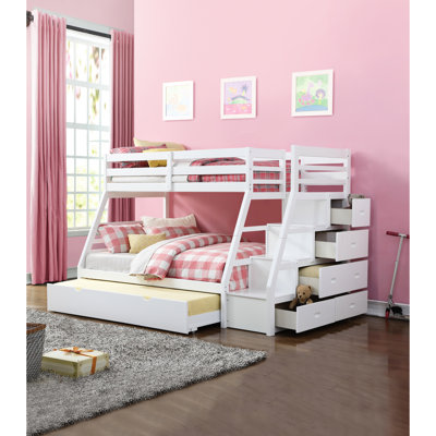 White Finish Twin/Full Bunk Bed With Trundle And Rf Storage , Synthetic Wood, Full Guard - Rail, 56In Depth Trundle, Slat System, Length Rails, Ply Material, 280Lb Product Weight