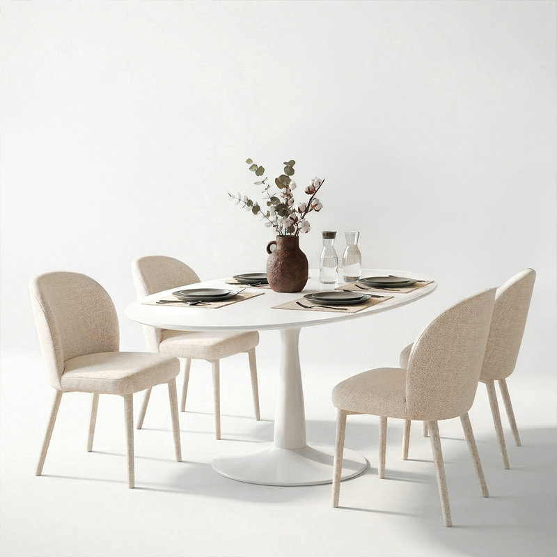 59" Oval Dining Table Set For 4, Modern Pedestal Kitchen Table Set With Upholstered Dining Chairs, White