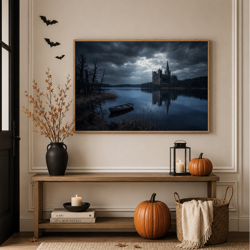 Château gothique se reflétant dans un lac bleu foncé - Toile murale d'Halloween, H 36 po x l 48 po