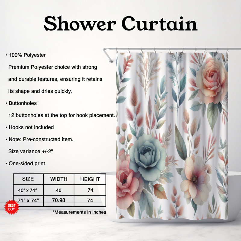 Rideau de douche Devone Wild Petals - 1 pièce, H 74 po x l 71 po