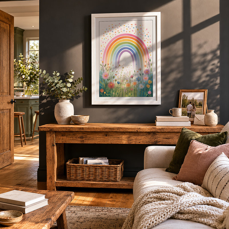 Rainbow Over Wildflowers Botanical - Framed Print, A4 - 29.7 x 21.0 cm, White